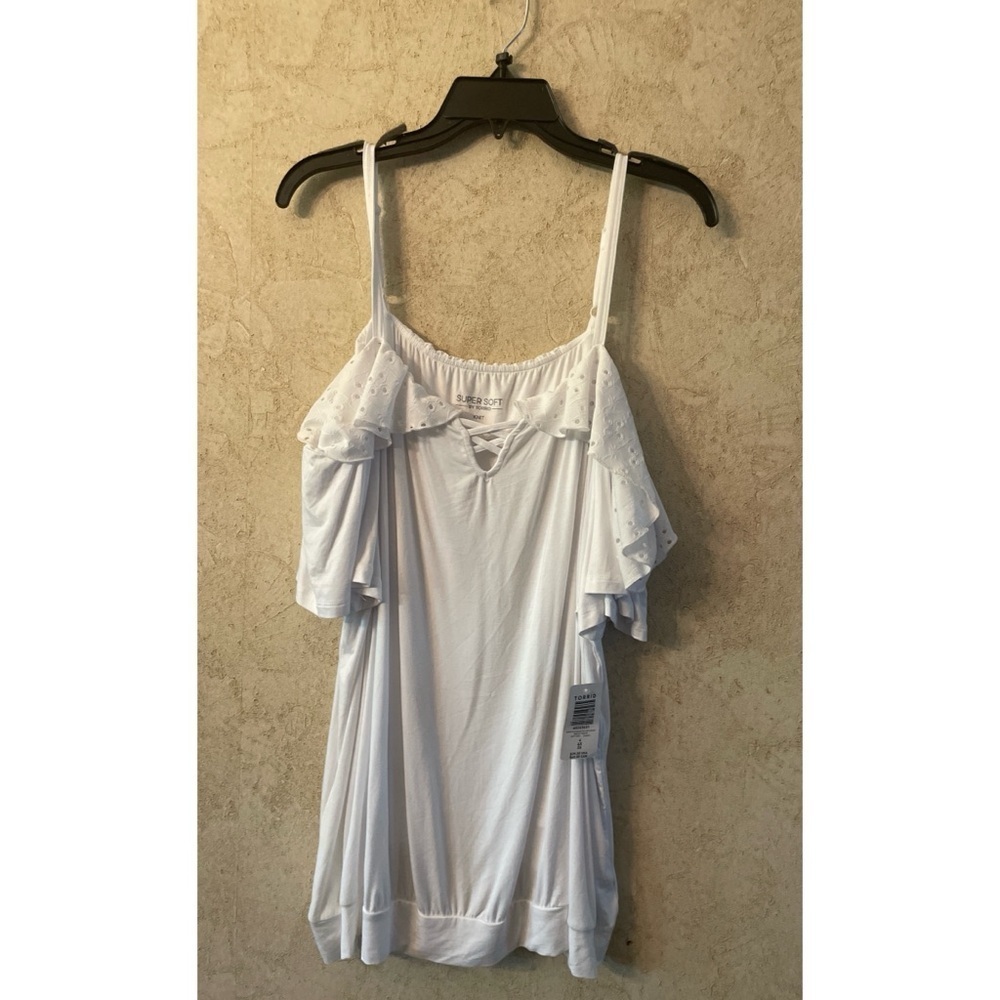 Torrid Super Soft Cold Shoulder Eyelet Ruffle Crop Top - Picture 3 of 5